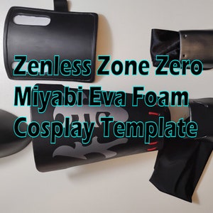 May include: Zenless Zone Zero Miyabi Eva Foam Cosplay Template. A set of black foam armor pieces for cosplay, including arm guards, gauntlets, and a shoulder piece.