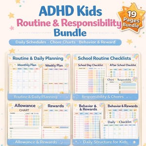 Paquete imprimible de tabla de tareas para niños con TDAH / Lista de verificación de rutina diaria y responsabilidades