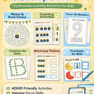 Może przedstawiać: Książka aktywności ADHD Focus z ponad 73 stronami drukowanych ćwiczeń edukacyjnych dla dzieci. Zawiera labirynty, liczenie, śledzenie liczb, łączenie kropek, dopasowywanie i ćwiczenia z ułamkami. Zawiera ćwiczenia przyjazne dla ADHD.
