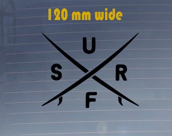 May include: Black and white graphic of two crossed surfboards with the word "SURF" in the center. The graphic is 120 mm wide.