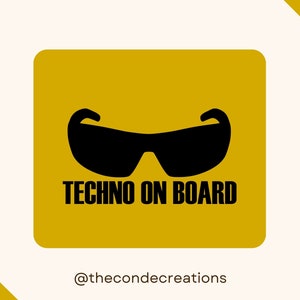 Naklejka Techno on Board. Naklejka winylowa na samochód. Trwała, odporna na zarysowania, wodoodporna