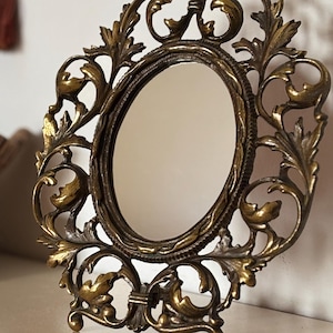Antique oval ornate bronze table mirror in Victorian style Vanity table décor Gift for her Compact mirror Small oval mirror with support