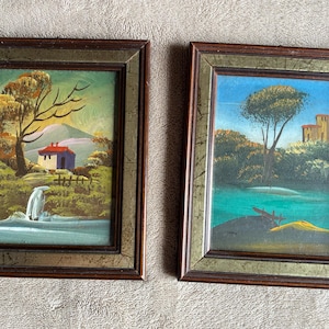Pair of small vintage Italian landscape acrylic pictures in rectangular wood frames Wall hanging decor Original nature art Gift for mom her