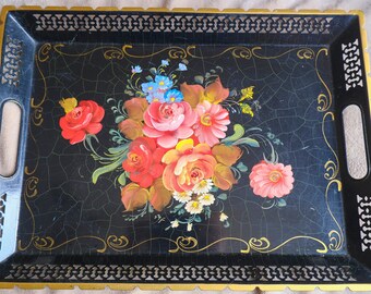 Black Serving tray Vintage hand-painted colorful flowers serving tray Housewarming gift Home restaurant décor Italian design