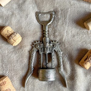 Vintage Heavy Silver Metal Carved Ornate Corkscrew Wine Bottle Opener Grapes Design Collectible Wine bar tools Wine lover gift Made in Italy