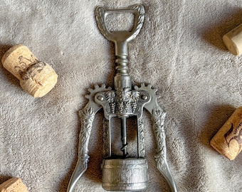 Vintage Heavy Silver Metal Carved Ornate Corkscrew Wine Bottle Opener Grapes Design Collectible Wine bar tools Wine lover gift Made in Italy
