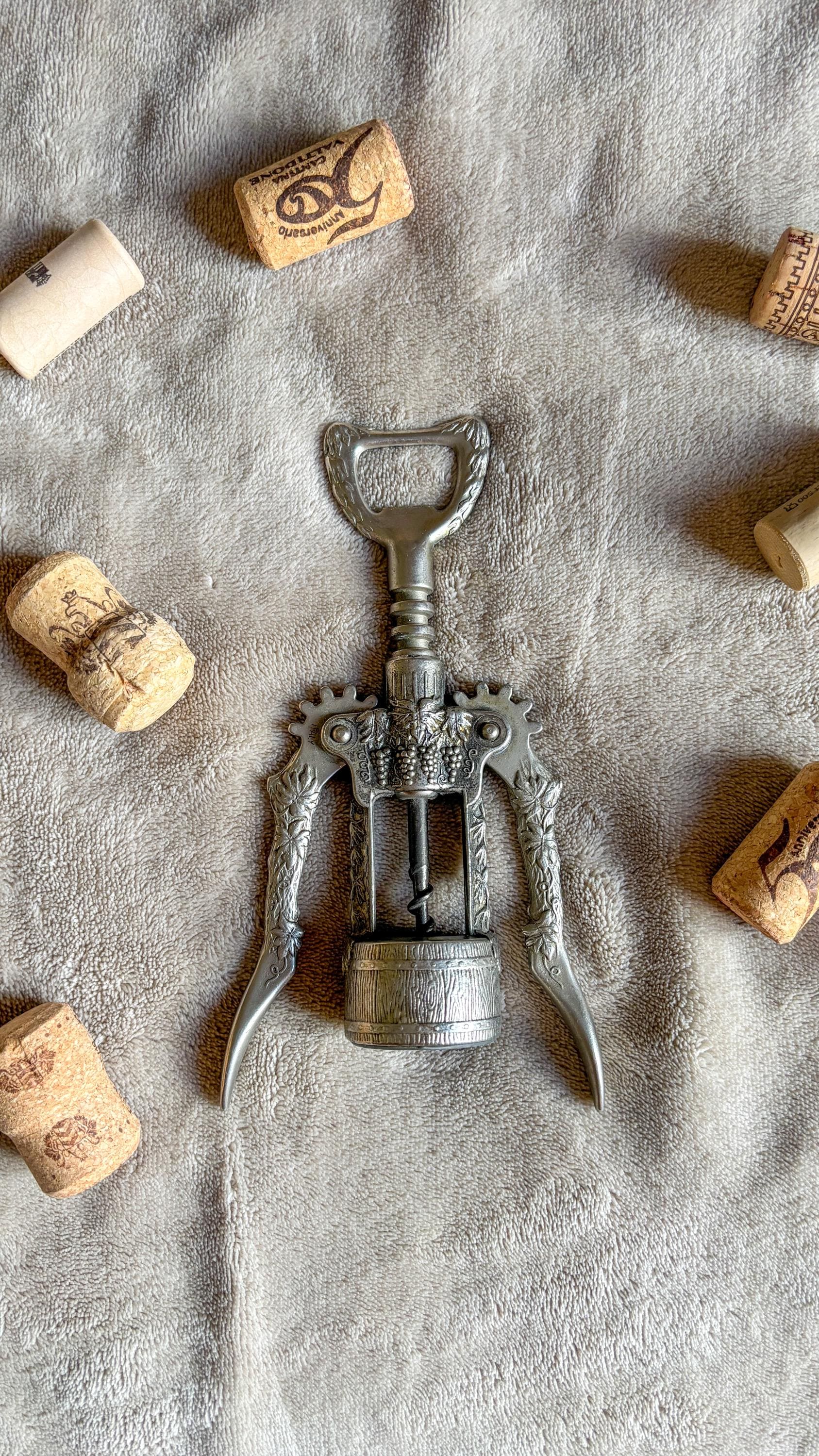Vintage Heavy Silver Metal Carved Ornate Corkscrew Wine Bottle Opener Grapes Design Collectible Wine bar tools Wine lover gift Made in Italy