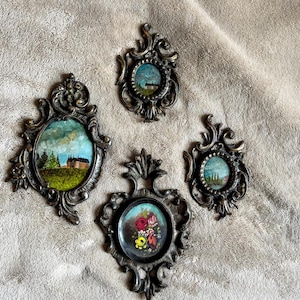 Small Vintage Ornate Gold Brass picture frames with Floral paintings Wall decor Vintage Italian art décor Housewarming gift Gift for mom