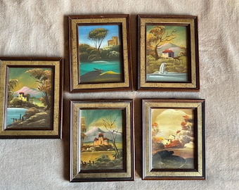 Vintage Italiaanse landschapsolieverfschilderijen, gouden houten lijsten, muurdecoratieset