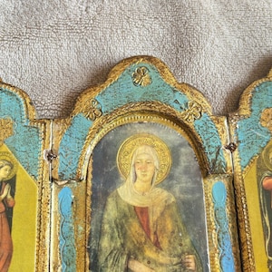 Vintage wooden Florentine religious triptych Handmade Italian style Madonna Angels Wooden frame Religious wall decor Gift for mom her