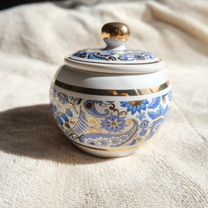 Vintage white ceramic lidded box Bomboniere with white, blue, gold ornament Sugar bowl Kitchen utensils