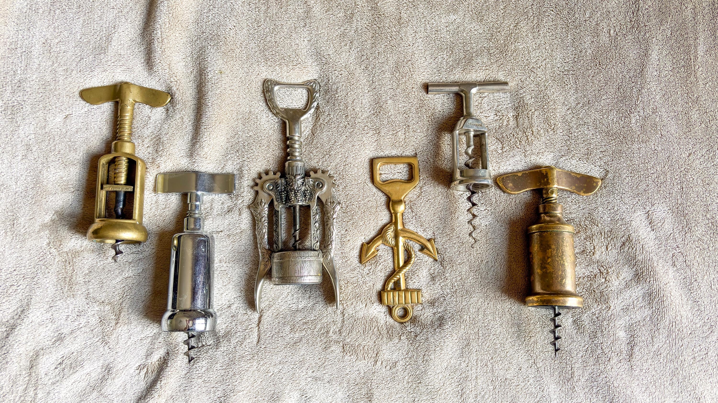 Variety of vintage  brass, steel corkscrews and bottle openers Collectible corkscrews Wine lover gift Bartender tools Gift for him