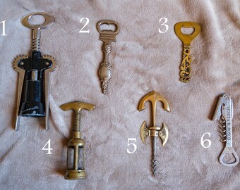 Variety of vintage corkscrews and bottle openers Collectible corkscrews Wine lover gift Bartender tools