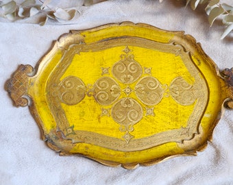 Florentine large Tray Vintage Serving tray hand-painted in antique gold and yellow Housewarming gift Mother's day gift