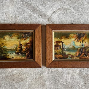 Set van 2 vintage Italiaanse landschapsschilderijen in olieverf, met gouden rechthoekige houten lijsten, wanddecoratieset