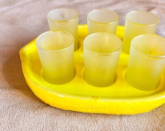 Handmade glass limoncello service Set of 6 glasses and ceramic decorated lemon-shaped tray for limoncello Limoncello barware Alcohol set