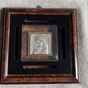 Vintage religious icon Madonna and Child in silver bas-relief in dark wood and plastic frame Religious decor Gift for mom Wedding gift