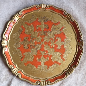 80s Florentine vintage round hand-painted decorated carved wooden tray in antique gold, and red/House warming gift/Home, restaurant decor