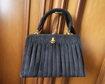 Vintage Black Suede Handbag: 1950s Italian Leather Purse with Gold Details