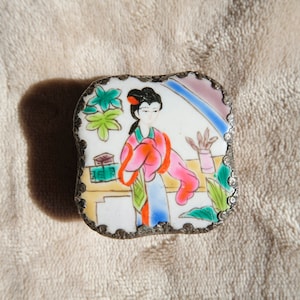 Porcelain Chinese Shard Jewelry box with mirror in silver metal Antique Pill Box Lidded Box Antique wedding ring box Gift for her