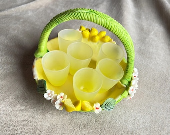 Vintage Limoncello Set: Hand-Painted Glasses & Ceramic Basket, Italian Barware