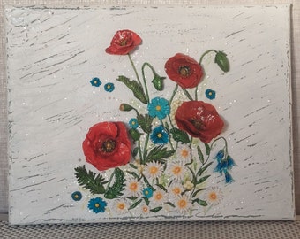 Set of Handmade Picture and Pot for plants with poppies