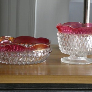 Ruby Flash Glass Bowls: King&#39;s Crown Diamond Point, Cranberry Red Trim - Vintage Set