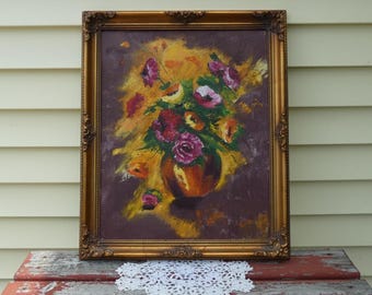 Vintage Floral Oil Painting: Gold Framed Still Life by Eva