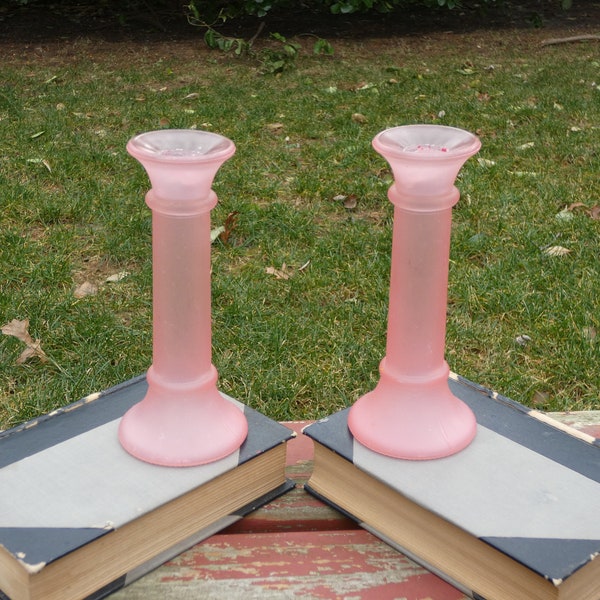 Pink Frosted Glass Taper Candle Holders Set of 2