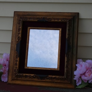 Wood Framed Mirror with Red Velvet Border Vintage