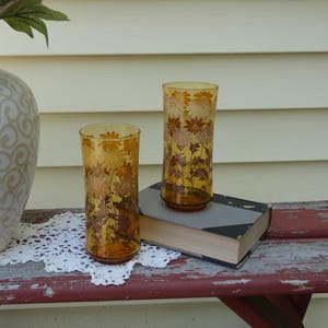 Vintage Libbey Amber Daisy Drinking Glasses Set of 2