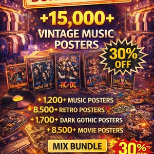 May include: Promotional image for a bundle of vintage music posters. The image features a variety of posters, including rock and roll bands. Text includes "Bundle Offer", "Vintage Music Posters", and "30% Off".