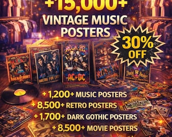 15.000+ vintage muziekpostersbundel, band, reizen, retro- en filmposter, digitale download, directe toegang, mixpakket, megabundel, vintage