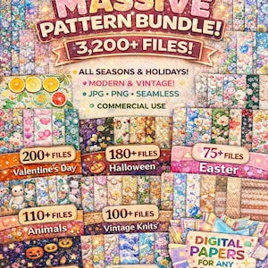 Puede incluir: Anuncio de un paquete de patrones digitales con el texto "MASSIVE PATTERN BUNDLE! 3.200+ FILES!". La imagen muestra varios papeles digitales con temas como San Valentín, Halloween, Pascua, Animales, Tejidos Vintage y Olas del Océano. También incluye el texto "DIGITAL PAPERS FOR ANY PROJECT!"