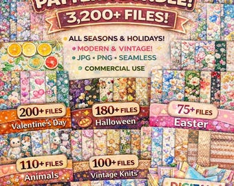3200+ mega digitale papierbundel, plakboekpapier, digitaal bloemenpapier, digitale patronen, naadloze achtergrond, meerdere clipart, digitale png