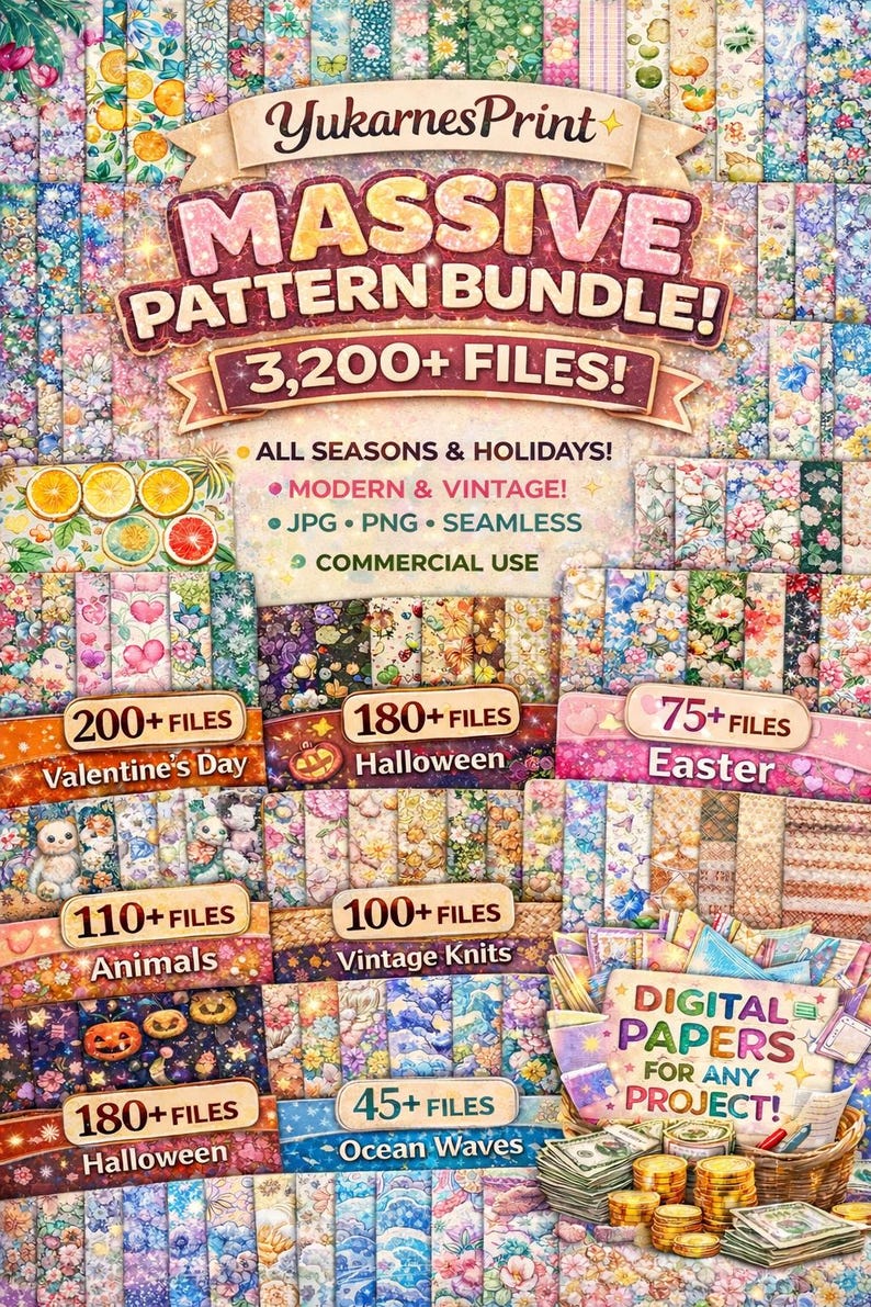 3200+ mega digitala papperspaket, scrapbookpapper, digitalt blompapper, digitala mönster, sömlös bakgrund, flera clipart, digital PNG bild 1