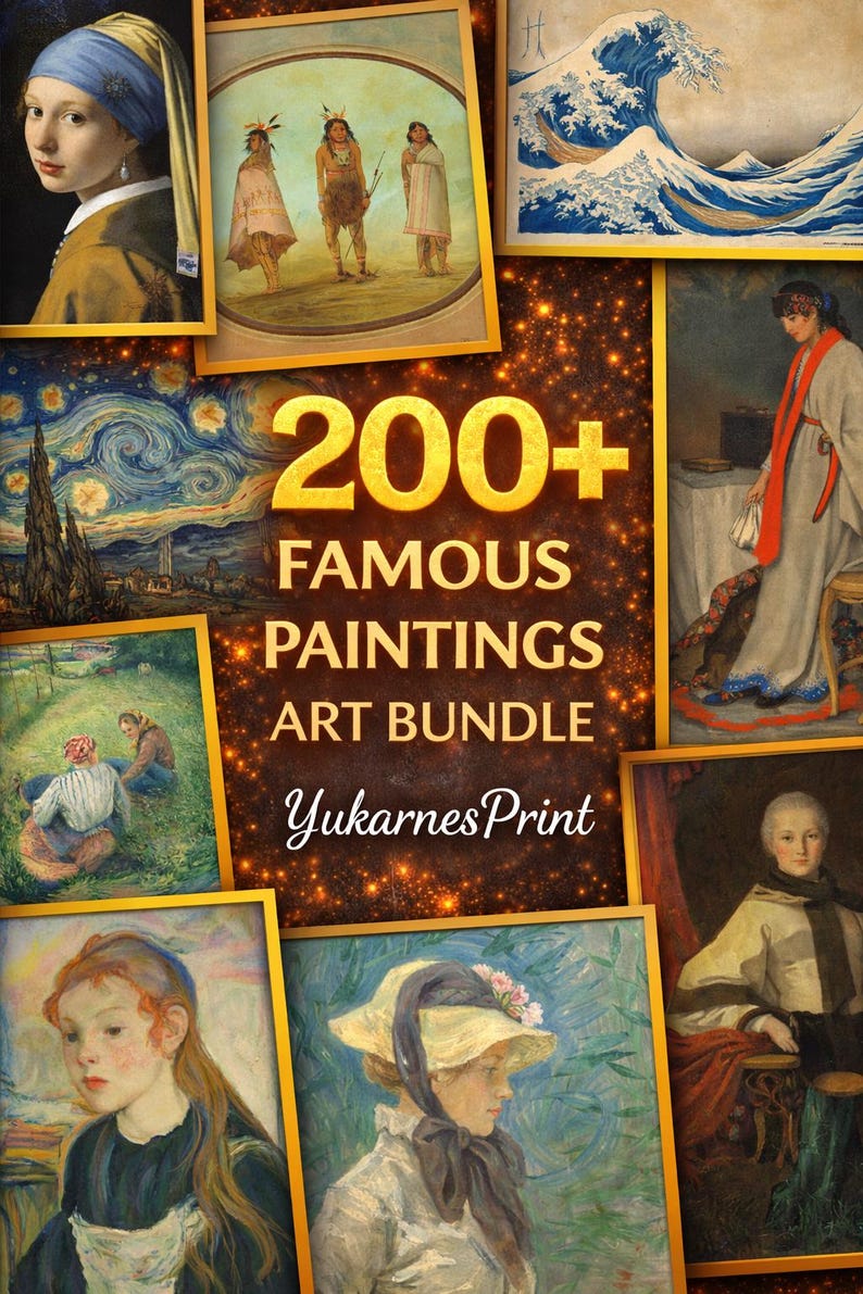 May include: An art bundle featuring over 200 famous paintings, including portraits and landscapes. The image showcases various framed artworks with gold borders, and the text "200+ Famous Paintings Art Bundle" is prominently displayed.