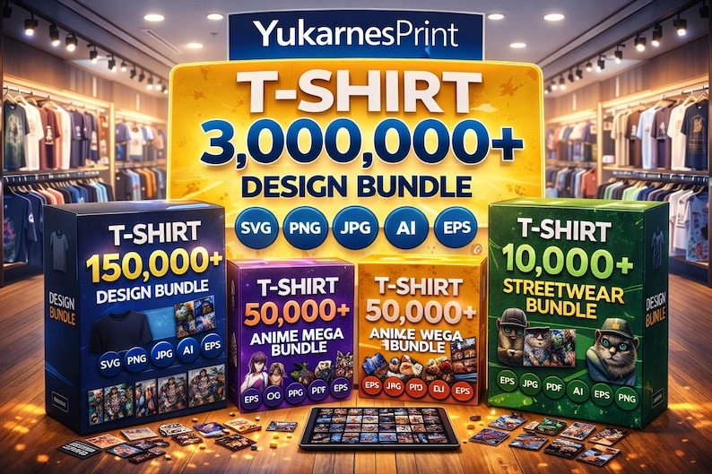 Op de afbeelding: Afbeelding van een t-shirt design bundel met de tekst "T-SHIRT 3,000,000+ DESIGN BUNDLE". De afbeelding toont verschillende dozen met design bundels, waaronder "150,000+ DESIGN BUNDLE", "50,000+ ANIME MEGA BUNDLE" en "10,000+ STREETWEAR BUNDLE".