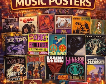 1200+ vintage muziekposterbundel, retro rockbands, klassieke concertposters, iconische albumhoezen digitale download, afdrukbare muurkunst,