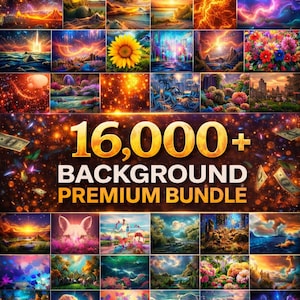 Könnte beinhalten: Werbung für ein digitales Kunstpaket mit dem Text "YukarnesPrint" oben. Das Bild zeigt eine Sammlung lebendiger digitaler Hintergründe mit dem Text "16.000+ BACKGROUND PREMIUM BUNDLE" in der Mitte, umgeben von funkelnden Effekten und Geldscheinen.