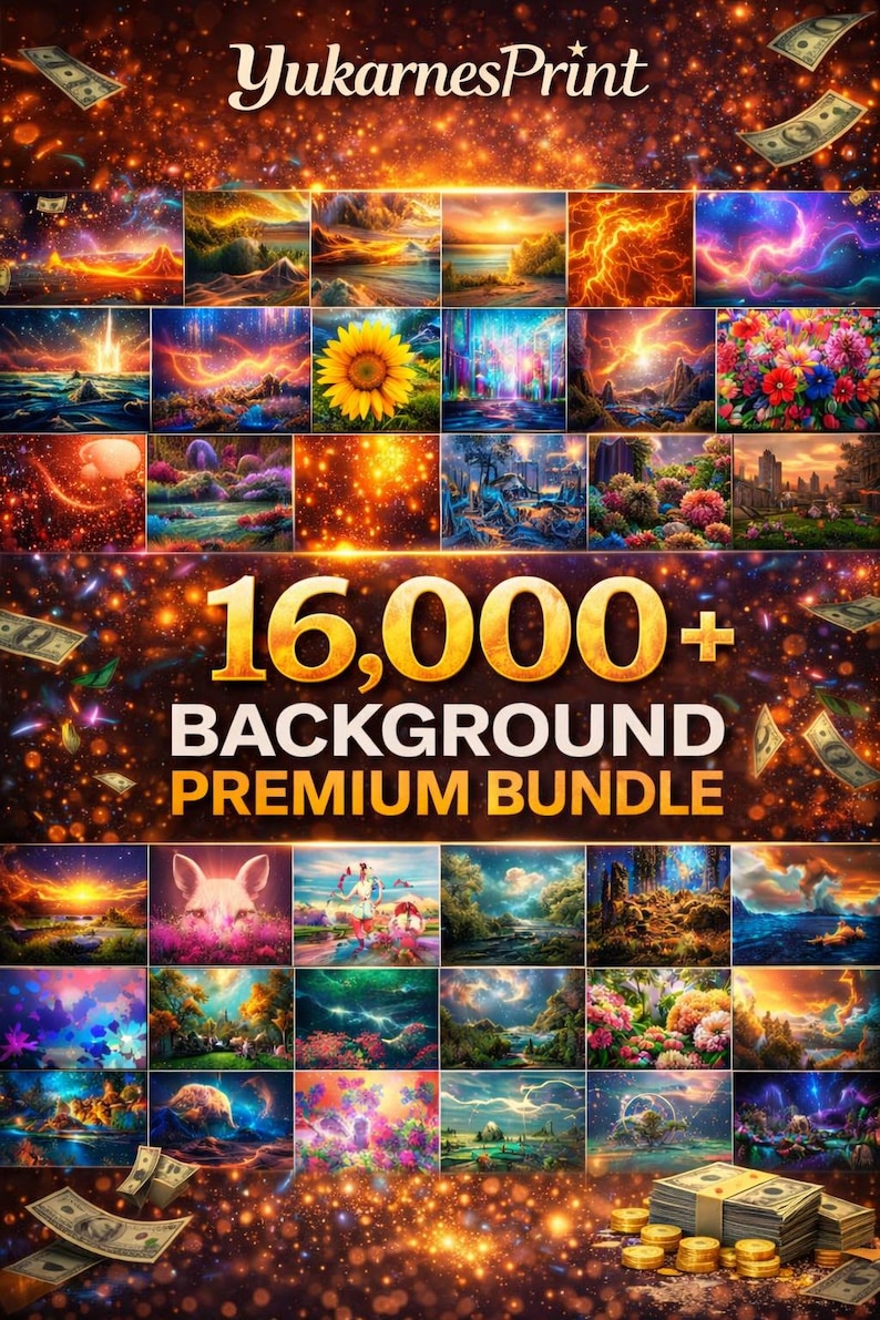 May include: An advertisement for a digital art bundle, featuring the text "YukarnesPrint". The image displays a collection of colourful digital backgrounds, with the text "16,000+ BACKGROUND PREMIUM BUNDLE" in the centre, surrounded by sparkling effects and banknotes.