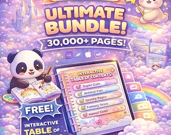 Può includere: Pubblicità di arte digitale per Ultimate Bundle di YukarnesPrint, con un panda e un orso con una bacchetta a stella. L'immagine include un tablet con un sommario interattivo, un castello e il testo "30.000+ PAGINE!" e "GRATIS!"