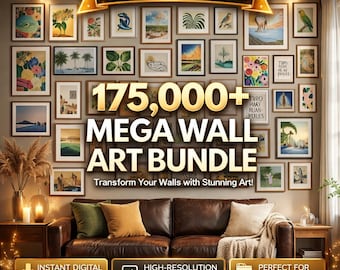 May include: A digital wall art bundle featuring a gallery wall of various framed prints above a brown leather sofa. The text reads YukarnesPrint, 175,000+ MEGA WALL ART BUNDLE, Transform Your Walls with Stunning Art!, INSTANT DIGITAL DOWNLOAD, HIGH-RESOLUTION JPG FILES, PERFECT FOR PRINTING & DECOR, Refresh Your Space — Download & Print Today!