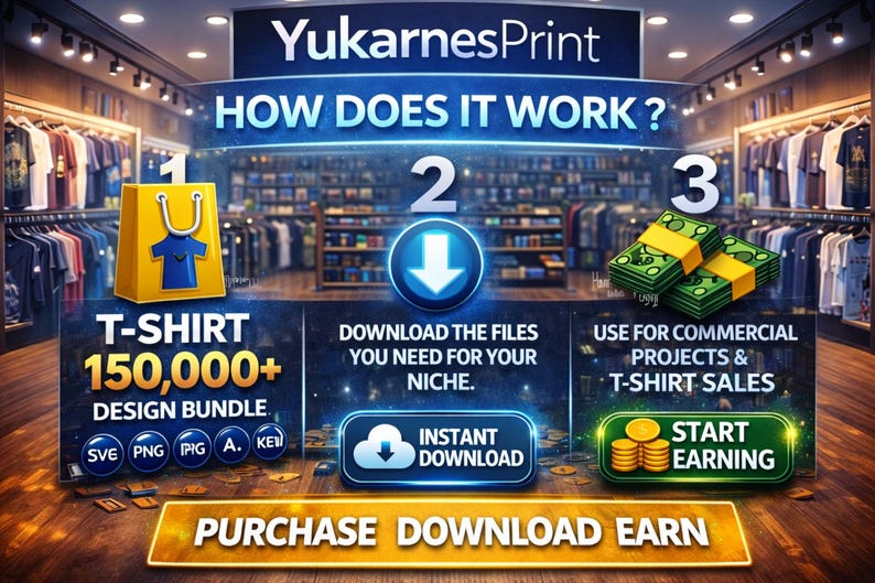 Op de afbeelding: Advertentie voor een digitaal grafisch ontwerp-bundel. De afbeelding toont een gele boodschappentas met een blauwe t-shirt-afbeelding, de tekst "T-SHIRT 150.000+ DESIGN BUNDLE" en de woorden "PURCHASE DOWNLOAD EARN". De afbeelding bevat ook de tekst "HOW DOES IT WORK?"