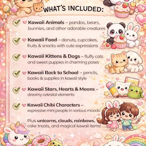 May include: A digital art print featuring a variety of kawaii characters, including pandas, kittens, and chibi figures. The image includes text that lists the elements included in the print, such as kawaii animals, food, and back-to-school supplies.