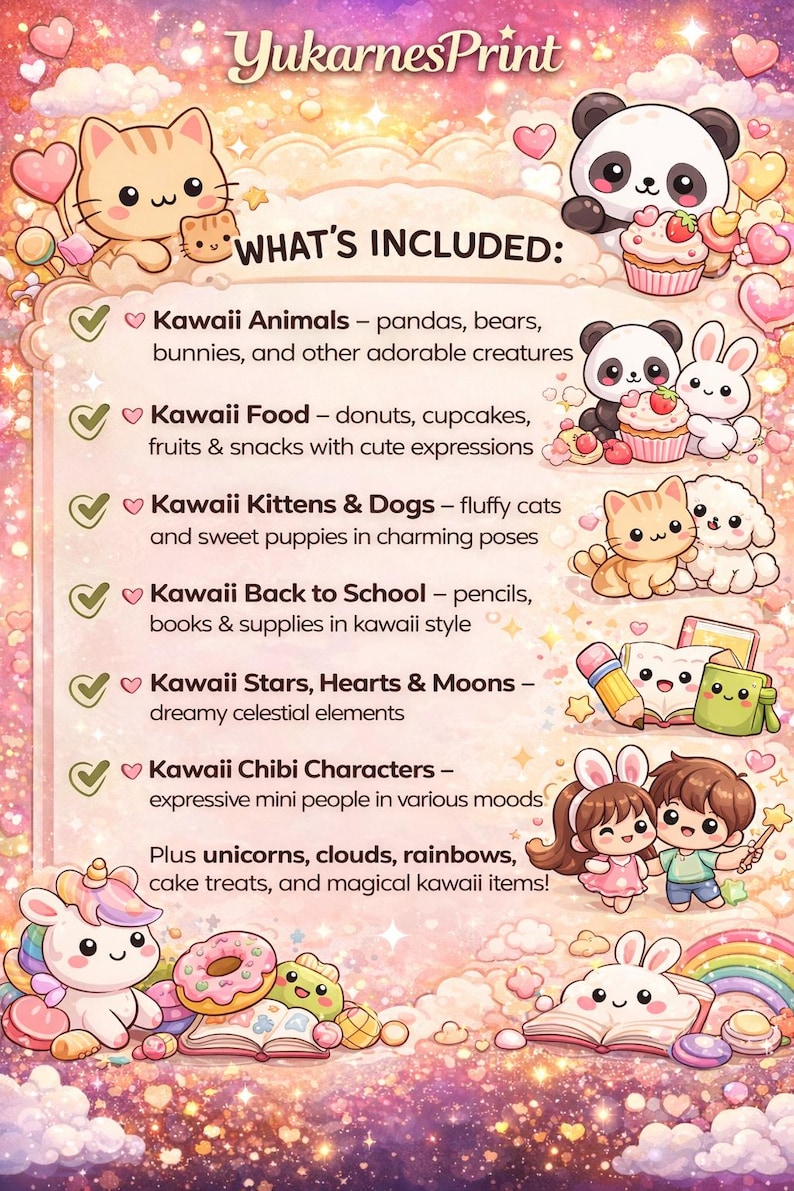 May include: A digital art print featuring a variety of kawaii characters, including pandas, kittens, and chibi figures. The image includes text that lists the elements included in the print, such as kawaii animals, food, and back-to-school supplies.