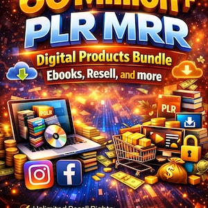 May include: Digital products bundle advertisement with the text "60 Million+ PLR MRR." The image features a laptop, stacks of books, a shopping cart, and social media icons. The text includes "Ebooks, Resell, and more."
