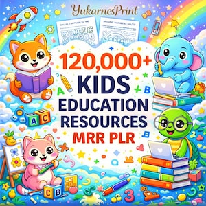 Pode incluir: Ilustração digital colorida com animais de desenho animado, incluindo uma raposa, um elefante, uma tartaruga e um gato, com livros, laptops e recursos educacionais. O texto "120,000+ KIDS EDUCATION RESOURCES MRR PLR" está incluído.