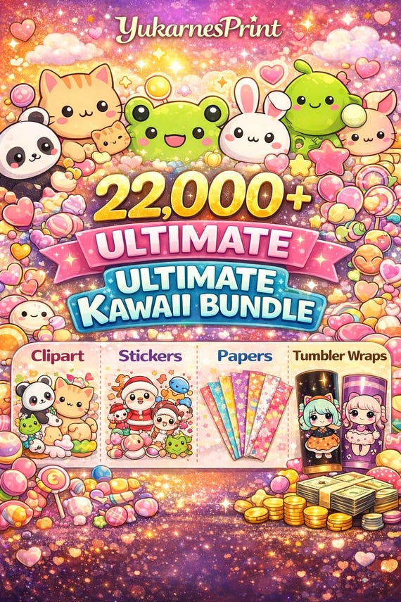 22,000+ Kawaii Mega Bundle ,Clipart, Stickers, Digital Paper, Tumbler Wraps , Cute Kawaii , Fruits, Animals, Chibi Characters,Commercial Use