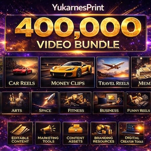 Könnte beinhalten: Digitalgrafik mit dem Text "400.000 VIDEO BUNDLE" in Gold. Das Bild zeigt verschiedene Videokategorien, darunter Natur, Car Reels, Money Clips, Travel Reels, Meme Videos, Art Reels, Arts, Space, Fitness, Business, Funny Reels und Viral Hooks.
